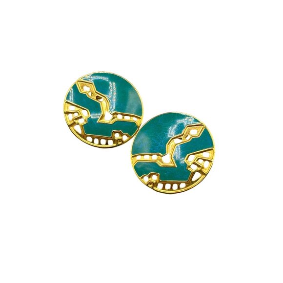 Berebi Earrings Gold Tone and Teal Blue Enamel Pierced Round Stud Earrings - Picture 1 of 6